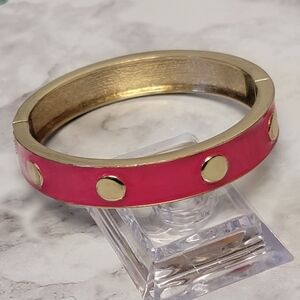 Pink & Gold Tone Bangle Bracelet Clamper Hinged Studded Metal Enamel‎ Costume